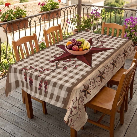 Rectangle Tablecloth,Farmhouse Country Star Berry Waterproof Oil-Proof Table Cloth Kitchen Dining Tables Cover for Indoor Outdoor Wedding Holiday Party Decor,Retro Wood Board Buffalo Plaid