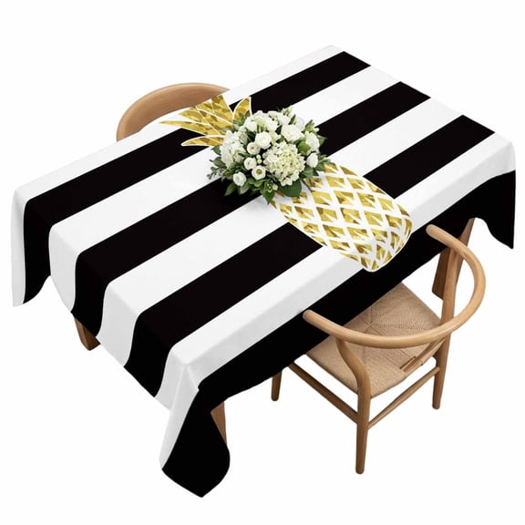 Rectangle Tablecloth, Farmhouse Fruit Golden Pineapple Waterproof Table Cloth 60x120 in Black White Striped Washable Spillproof Table Cover for Kitchen Dining Party Decor Outdoor Camping