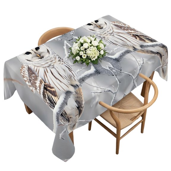 Rectangle Tablecloth, Farmhouse Owl on Tree Branch Waterproof Table Cloth 60x120 in Winter Bird Natural Scenery Washable Spillproof Table Cover for Kitchen Dining Party Decor Outdoor Camping