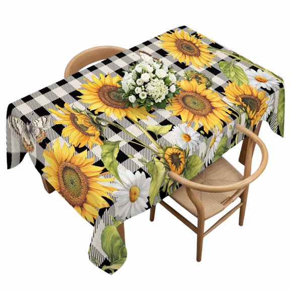 Rectangle Tablecloth, Farmhouse Sunflower Butterfly Waterproof Table Cloth 60x120 in Pastoral Flower Buffalo Check Washable Spillproof Table Cover for Kitchen Dining Party Decor Outdoor Camping
