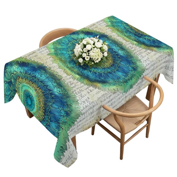 Rectangle Tablecloth, Green Seagrass Circle Waterproof Table Cloth 60x120 in Retro Paper Background Washable Spillproof Table Cover for Kitchen Dining Party Decor Outdoor Camping