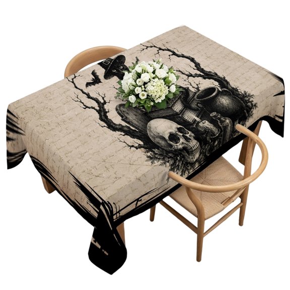 Rectangle Tablecloth, Halloween Black Cat Skull Waterproof Table Cloth 60x120 in Bats Dead Trees Books Washable Spillproof Table Cover for Kitchen Dining Party Decor Outdoor Camping