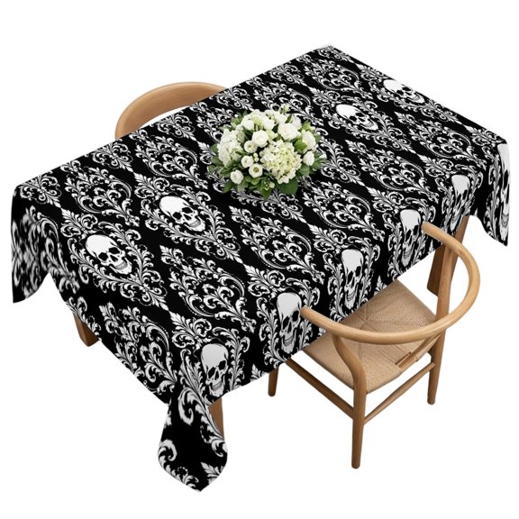 Rectangle Tablecloth, Halloween Skull Skeleton Flower Damask Waterproof Table Cloth 60x120 in Scary Black Washable Spillproof Table Cover for Kitchen Dining Party Decor Outdoor Camping