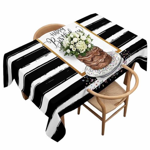 Rectangle Tablecloth, Happy Birthday Words Cake Waterproof Table Cloth 60x120 in Black White Striped Washable Spillproof Table Cover for Kitchen Dining Party Decor Outdoor Camping