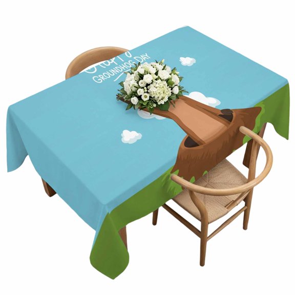 Rectangle Tablecloth, Happy Groundhog Day Grass Cloud Sky Waterproof Table Cloth 60x120 in Cartoon Style Washable Spillproof Table Cover for Kitchen Dining Party Decor Outdoor Camping