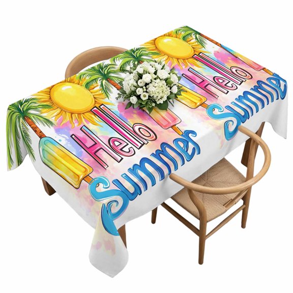 Rectangle Tablecloth, Hello Summer Text Sun Palm Tree Waterproof Table Cloth 60x120 in Colorful Ocean Seaside Theme Washable Spillproof Table Cover for Kitchen Dining Party Decor Outdoor Camping
