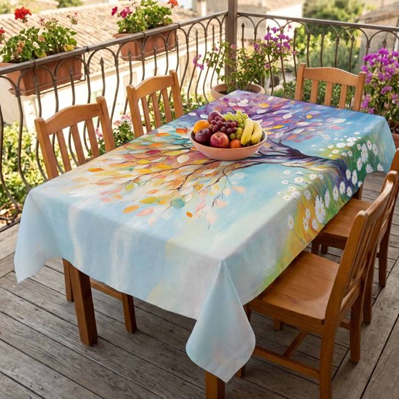 Rectangle Tablecloth,Impressionist Rainbow Tree with Daisies Waterproof Oil-Proof Table Cloth Kitchen Dining Tables Cover for Indoor Outdoor Wedding Holiday Party Decor,Pastel Landscape