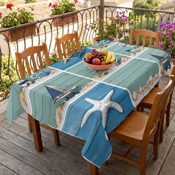 Rectangle Tablecloth,Lighthouse Compass Shell Starfish Sailboat Waterproof Oil-Proof Table Cloth Kitchen Dining Tables Cover for Indoor Outdoor Wedding Holiday Party Decor,Summer Nautical Theme