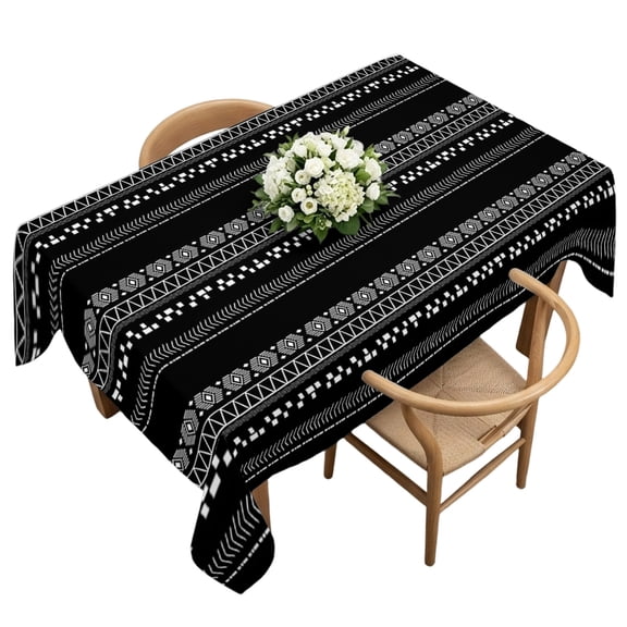 Rectangle Tablecloth, Lines Stripe Diamond Triangle on Black Waterproof Table Cloth 60x120 in Ethnic Tribal Pattern Washable Spillproof Table Cover for Kitchen Dining Party Decor Outdoor Camping