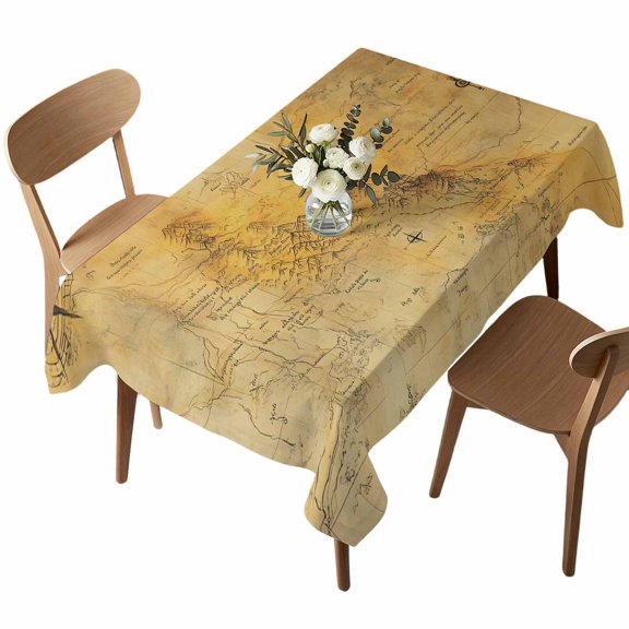 Rectangle Tablecloth, Medieval Earth Map on Retro Waterproof Table Cloth 52x70 in Modern Abstract Mountain Washable Spillproof Table Cover for Kitchen Dining Party Decor Outdoor Camping