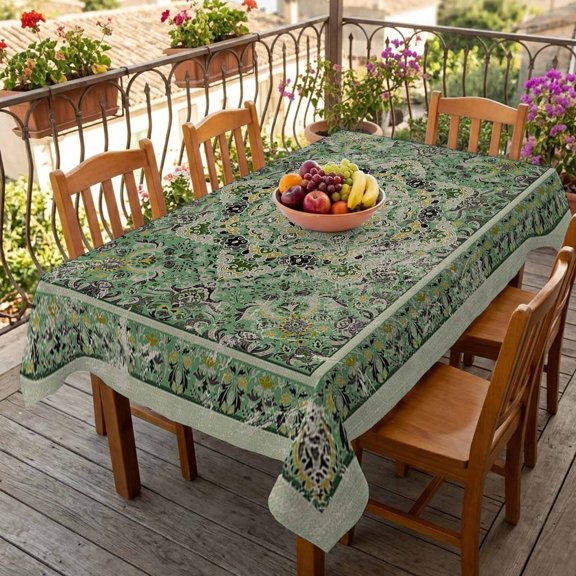 Rectangle Tablecloth,Medieval Turkish Boho Pattern Waterproof Oil-Proof Table Cloth Kitchen Dining Tables Cover for Indoor Outdoor Wedding Holiday Party Decor,Green Mural Retro Floral Texture
