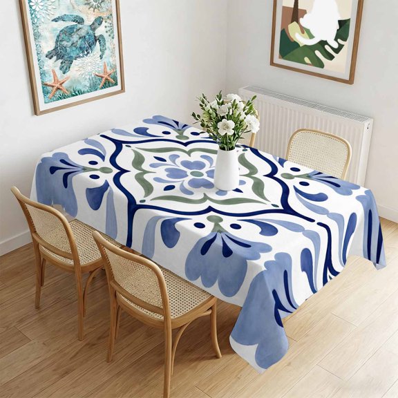 Rectangle Tablecloth,Mediterranean Theme Blue Flowers Waterproof Oil-Proof Table Cloth Kitchen Dining Tables Cover for Indoor Outdoor Wedding Holiday Party Decor,Central Stylized Floral