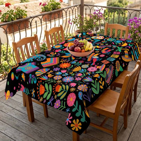 Rectangle Tablecloth,Mexico Floral Flower Guitar Cactus Parrot Waterproof Oil-Proof Table Cloth Kitchen Dining Tables Cover for Indoor Outdoor Wedding Holiday Party Decor,Retro Aesthetic