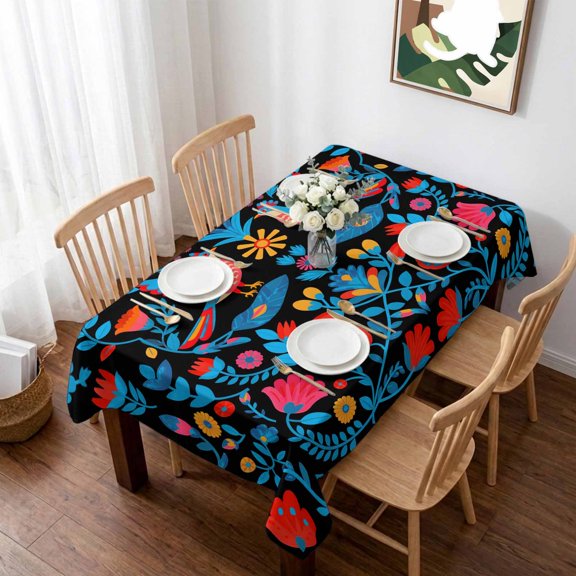 Rectangle Tablecloth,Mexico Style Flower Leaves Bird Waterproof Oil-Proof Table Cloth Kitchen Dining Tables Cover for Indoor Outdoor Wedding Holiday Party Decor,Retro Rustic Plant on Black
