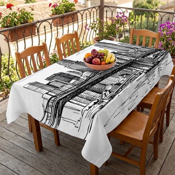 Rectangle Tablecloth,Modern Bridge Building Sketch Waterproof Oil-Proof Table Cloth Kitchen Dining Tables Cover for Indoor Outdoor Wedding Holiday Party Decor,Monochrome Architecture Art