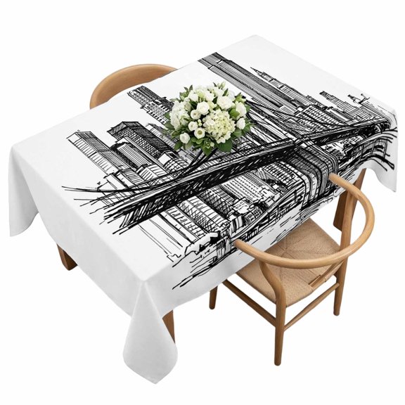 Rectangle Tablecloth, Modern Bridge Building Sketch Waterproof Table Cloth 60x120 in Monochrome Architecture Art Washable Spillproof Table Cover for Kitchen Dining Party Decor Outdoor Camping