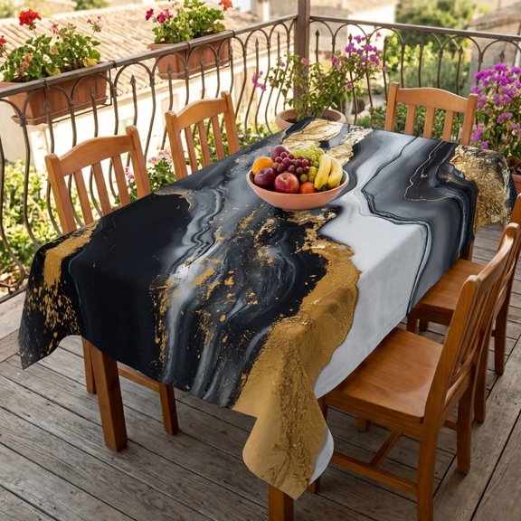 Rectangle Tablecloth,Modern Natural Marble Stone Waterproof Oil-Proof Table Cloth Kitchen Dining Tables Cover for Indoor Outdoor Wedding Holiday Party Decor,Black Gold Stripe Ombre Art