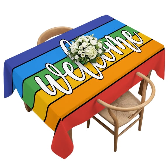 Rectangle Tablecloth, Modern Rainbow Stripe Waterproof Table Cloth 60x120 in Welcome Quote Colorful Line Washable Spillproof Table Cover for Kitchen Dining Party Decor Outdoor Camping