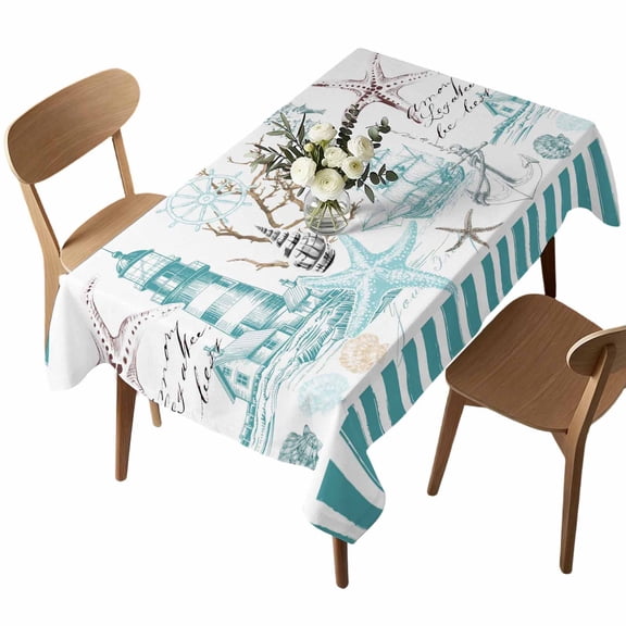 Rectangle Tablecloth, Nautical Anchor Starfish Lighthouse Waterproof Table Cloth 60x102 in Ocean Shell Vintage Teal Stripe Washable Spillproof Table Cover for Kitchen Party Decor Outdoor Camping