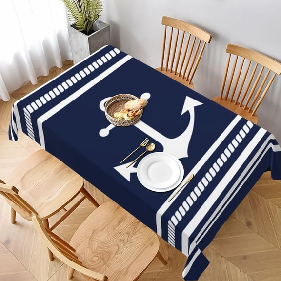 Rectangle Tablecloth Nautical Blue White Stripes, Anchor Oblong Table Cover Washable Table Cloths for Kitchen Dinning Party Tabletop Modern Decoration 60 x 102inch