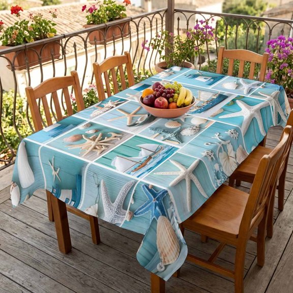 Rectangle Tablecloth,Nautical Lighthouse Rudder Starfish Waterproof Oil-Proof Table Cloth Kitchen Dining Tables Cover for Indoor Outdoor Wedding Holiday Party Decor,Marine Life Shell Blue Wood