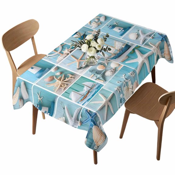 Rectangle Tablecloth, Nautical Lighthouse Rudder Starfish Waterproof Table Cloth 60x84 in Marine Life Shell Blue Wood Washable Spillproof Table Cover for Kitchen Dining Party Decor Outdoor Camping