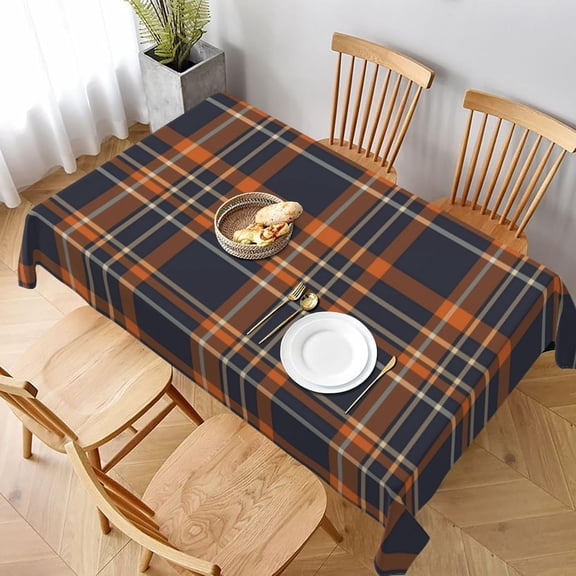 Rectangle Tablecloth, Navy Blue and Orange Plaid Stain-Resistant, Wrinkle-Free, Washable Cover for Dining, Parties, and Wedding 60x84in