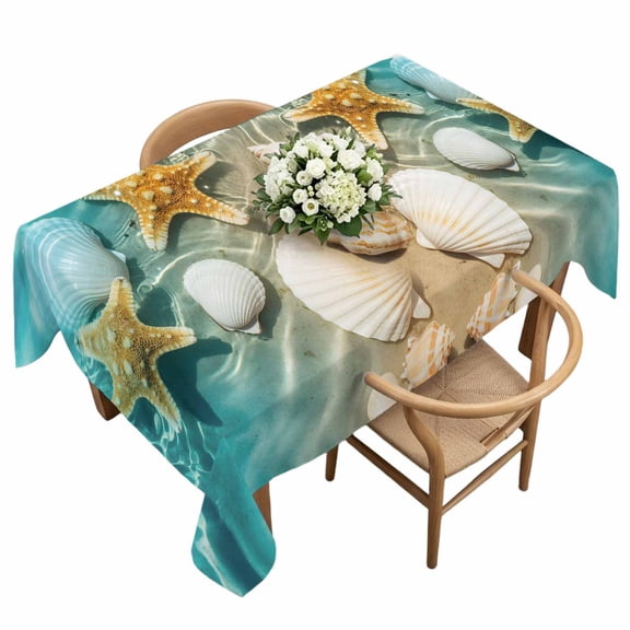 Rectangle Tablecloth, Ocean Beach Seashell Starfish Waterproof Table Cloth 60x120 in Sea Water Waves Washable Spillproof Table Cover for Kitchen Dining Party Decor Outdoor Camping