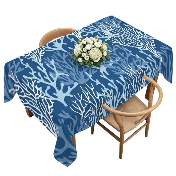 Rectangle Tablecloth, Ocean Blue Coral Seamless Waterproof Table Cloth 60x120 in Sea Coastal Nautical Theme Washable Spillproof Table Cover for Kitchen Dining Party Decor Outdoor Camping