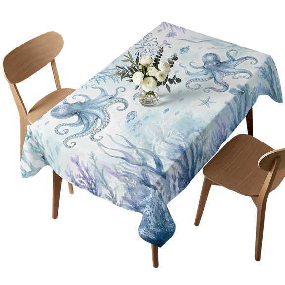 Rectangle Tablecloth, Ocean Sea Octopus Coral Fish Waterproof Table Cloth 60x84 in Underwater Creature Seamless Washable Spillproof Table Cover for Kitchen Dining Party Decor Outdoor Camping