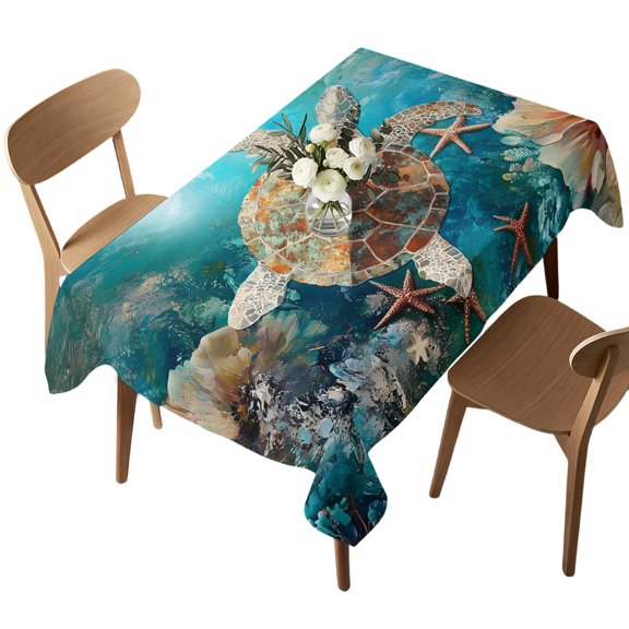 Rectangle Tablecloth, Ocean Submarine Coral Turtle Starfish Waterproof Table Cloth 52x70 in Undersea Creatures Washable Spillproof Table Cover for Kitchen Dining Party Decor Outdoor Camping