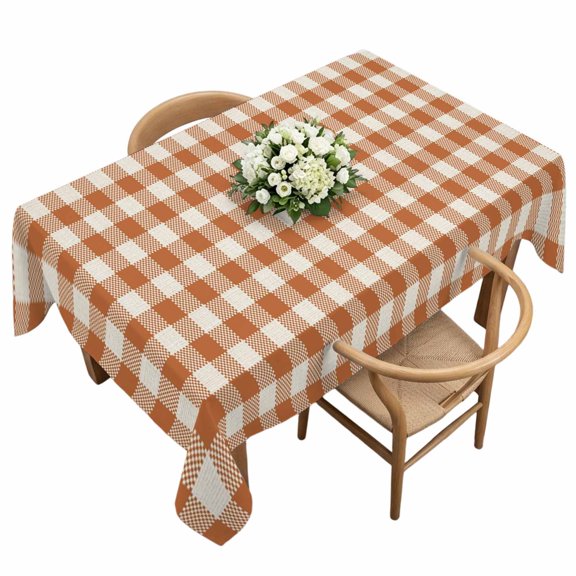 Rectangle Tablecloth, Orange White Gingham Grid Waterproof Table Cloth 60x120 in Retro Farmhouse Plaid Washable Spillproof Table Cover for Kitchen Dining Party Decor Outdoor Camping
