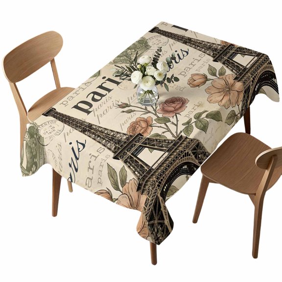 Rectangle Tablecloth, Paris Architecture Tower Crown Waterproof Table Cloth 52x70 in Blossom Flower Stamp Texture Washable Spillproof Table Cover for Kitchen Dining Party Decor Outdoor Camping