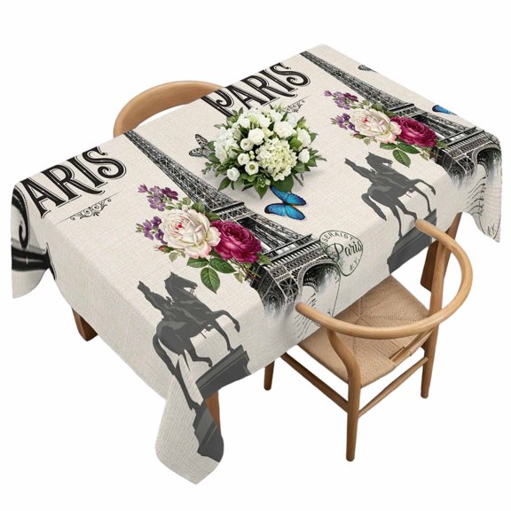 Rectangle Tablecloth, Paris Iconic Architecture Tower on Linen Waterproof Table Cloth 60x120 in Flower Butterfly Stamp Washable Spillproof Table Cover for Kitchen Dining Party Decor Outdoor Camping