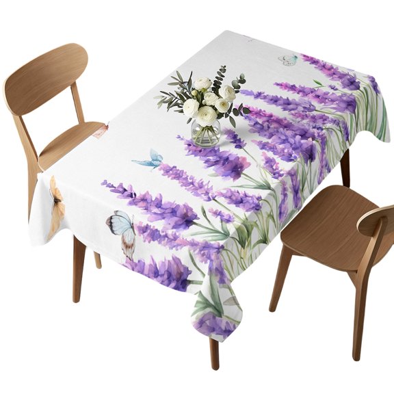Rectangle Tablecloth, Purple Lavender Flower Butterfly Waterproof Table Cloth 60x102 in Garden Floral Plant Washable Spillproof Table Cover for Kitchen Dining Party Decor Outdoor Camping