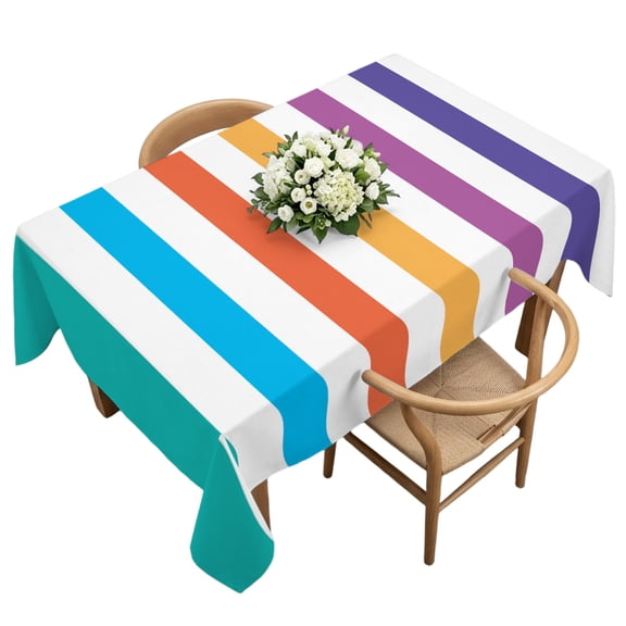 Rectangle Tablecloth, Rainbow Stripes on White Waterproof Table Cloth 60x120 in Classic Colorful Stripe Washable Spillproof Table Cover for Kitchen Dining Party Decor Outdoor Camping