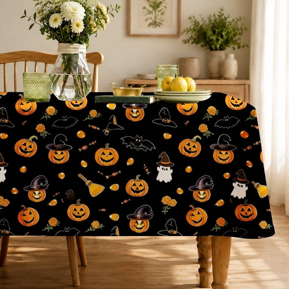 Rectangle Tablecloth Rdsfhsp Halloween Pumpkin Black Orange Table table cover Holiday Party Dining Table Decor Kitchen Decoration 86"×60"