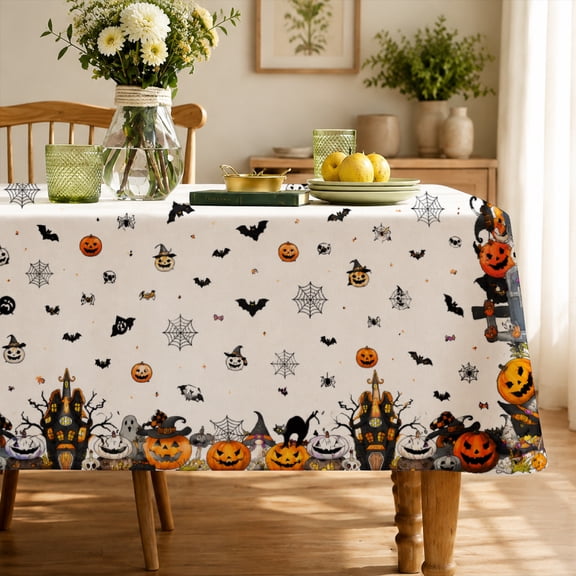 Rectangle Tablecloth Rdsfhsp Halloween Pumpkin Border Pattern Table table cover Holiday Party Dining Table Decor Kitchen Accent 70"×55"