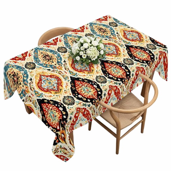 Rectangle Tablecloth, Retro Boho Moroccan Geometric Waterproof Table Cloth 60x120 in Vintage Terracotta Art Washable Spillproof Table Cover for Kitchen Dining Party Decor Outdoor Camping