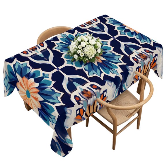 Rectangle Tablecloth, Retro Moroccan Geometric Texture Waterproof Table Cloth 60x120 in Abstract Blue Flower Washable Spillproof Table Cover for Kitchen Dining Party Decor Outdoor Camping