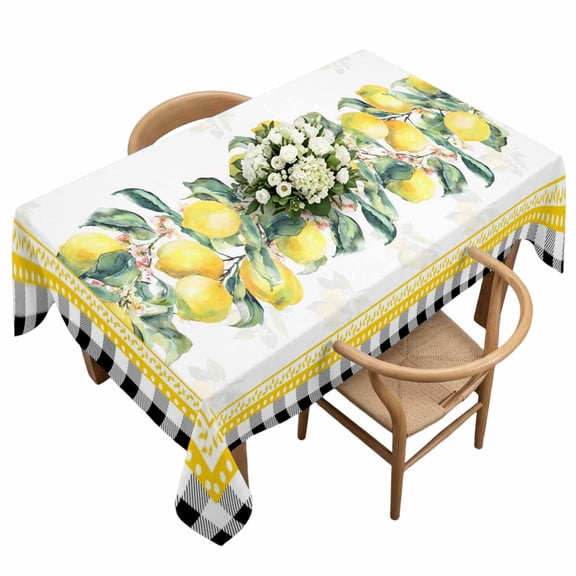 Rectangle Tablecloth, Retro Watercolor Lemon Leaves Waterproof Table Cloth 60x120 in Farm Fruit Art Buffalo Plaid Washable Spillproof Table Cover for Kitchen Dining Party Decor Outdoor Camping
