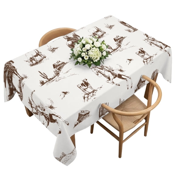 Rectangle Tablecloth, Retro Western Cowboy Waterproof Table Cloth 60x120 in Desert Horse Cactus Washable Spillproof Table Cover for Kitchen Dining Party Decor Outdoor Camping