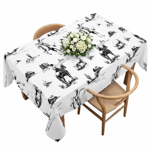 Rectangle Tablecloth, Retro Western Cowboy Waterproof Table Cloth 60x120 in Gray Black Farm Animals Horse Washable Spillproof Table Cover for Kitchen Dining Party Decor Outdoor Camping