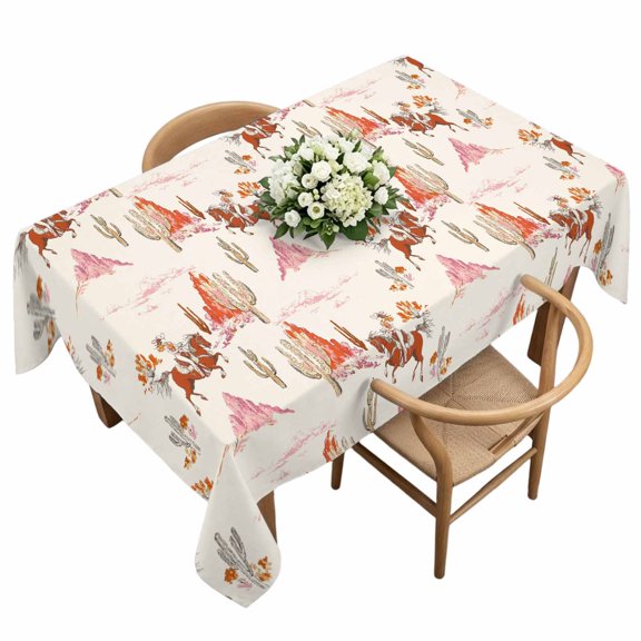 Rectangle Tablecloth, Retro Western Ethnic Cowboy Cactus Waterproof Table Cloth 60x120 in Cream Pink Desert Washable Spillproof Table Cover for Kitchen Dining Party Decor Outdoor Camping