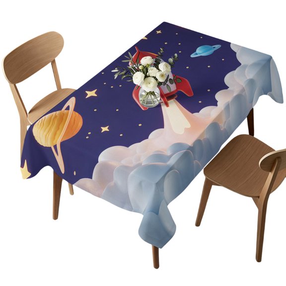 Rectangle Tablecloth, Rocket Space Universe Planet Waterproof Table Cloth 60x102 in Night Star Cartoon Style Washable Spillproof Table Cover for Kitchen Dining Party Decor Outdoor Camping