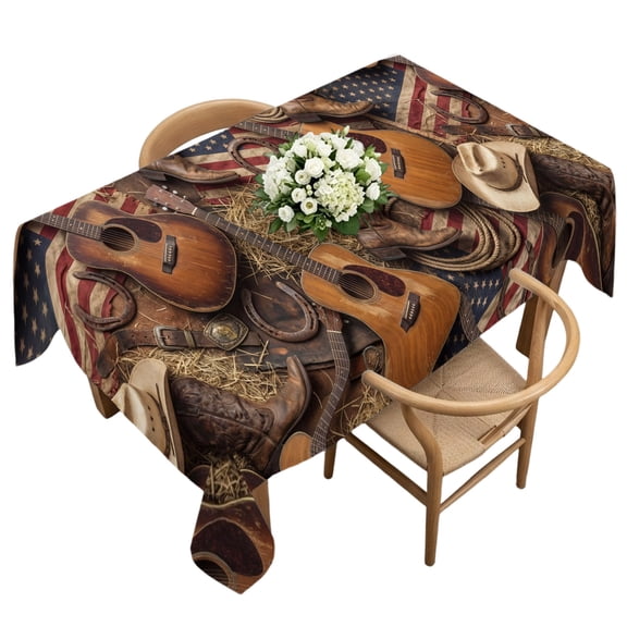 Rectangle Tablecloth, Rustic Acoustic Guitars Cowboy Hats Waterproof Table Cloth 60x120 in Vintage Country Music Washable Spillproof Table Cover for Kitchen Dining Party Decor Outdoor Camping