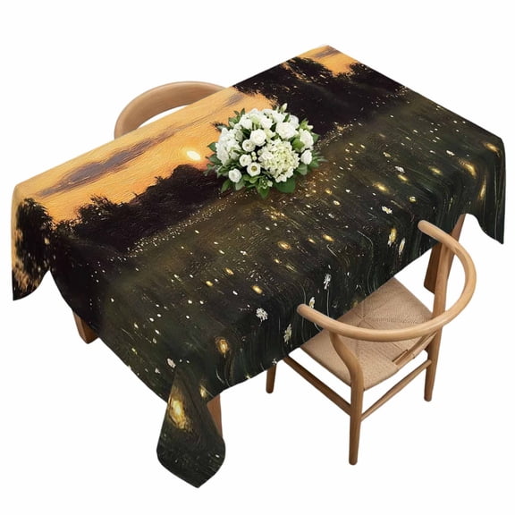 Rectangle Tablecloth, Rustic Grass Sunset Field Waterproof Table Cloth 60x120 in Animals Fireflies Pattern Washable Spillproof Table Cover for Kitchen Dining Party Decor Outdoor Camping