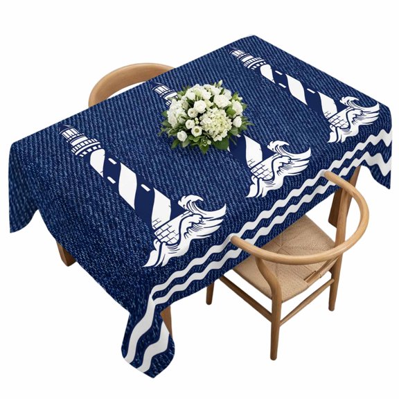 Rectangle Tablecloth, Rustic Nautical Lighthouse Blue Waterproof Table Cloth 60x120 in Classic Denim Marine Theme Washable Spillproof Table Cover for Kitchen Dining Party Decor Outdoor Camping