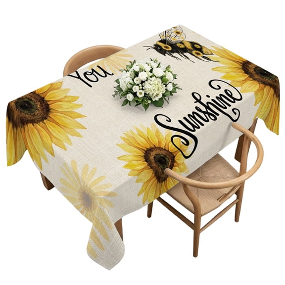 Rectangle Tablecloth, Rustic Yellow Sunflower Retro Linen Waterproof Table Cloth 60x120 in Summer Farmhouse Bee Washable Spillproof Table Cover for Kitchen Dining Party Decor Outdoor Camping