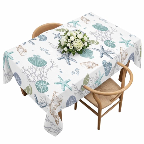 Rectangle Tablecloth, Sea Shell Starfish Coral Seamless Waterproof Table Cloth 60x120 in Summer Ocean Theme Washable Spillproof Table Cover for Kitchen Dining Party Decor Outdoor Camping